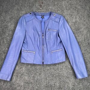 White House Black Market Blue Leather Moto Jacket Collarless Zip Front Womens M